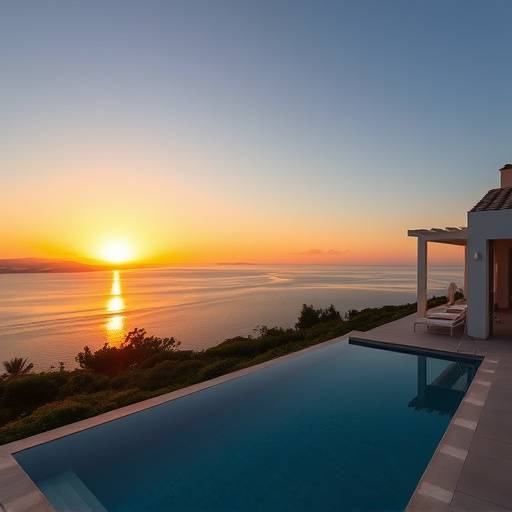 Vista exterior de una villa de lujo con piscina y vistas al mar Mediterr&radic;&deg;neo al atardecer